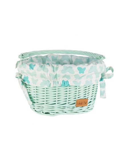 Miętowy wiklinowy koszyczek na rower z wkładem w motylki (mocowanie na haki)