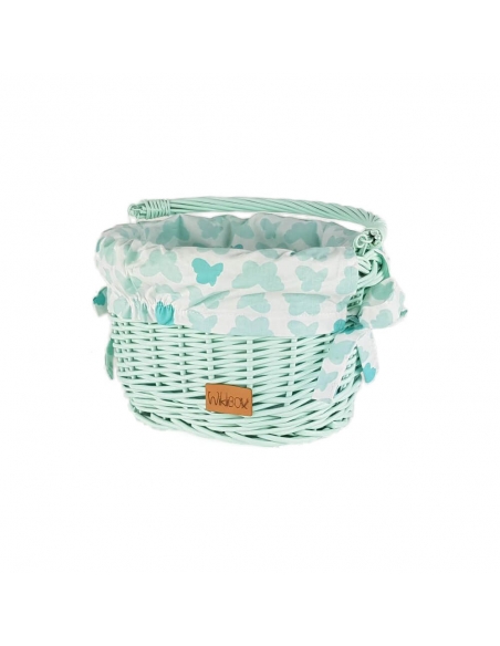 Miętowy wiklinowy koszyczek na rower z wkładem w motylki (mocowanie na haki)