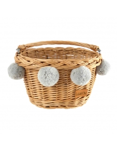 Naturalny wiklinowy koszyczek na rower z szarymi pomponami (mocowanie na haki)