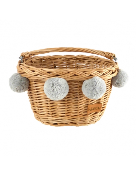 Naturalny wiklinowy koszyczek na rower z szarymi pomponami (mocowanie na haki)