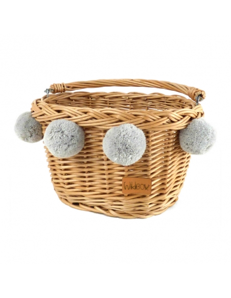 Naturalny wiklinowy koszyk na rower dziecięcy, z szarymi pomponami (mocowany na haki)