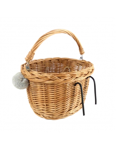 Naturalny wiklinowy koszyk na rower dziecięcy, z szarymi pomponami (mocowany na haki)