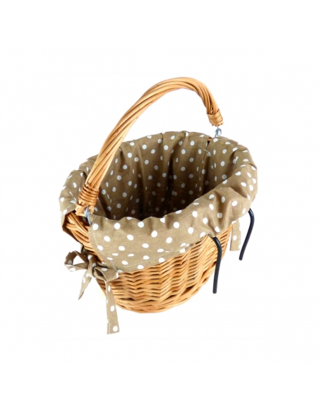 Naturalny wiklinowy koszyczek na rower z wkładem w groszki (mocowanie na haki)