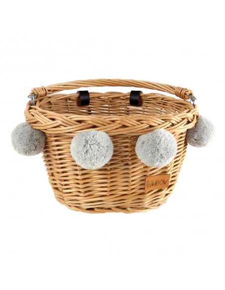 Naturalny wiklinowy koszyk na rower dziecięcy, z szarymi pomponami (mocowany na paski)