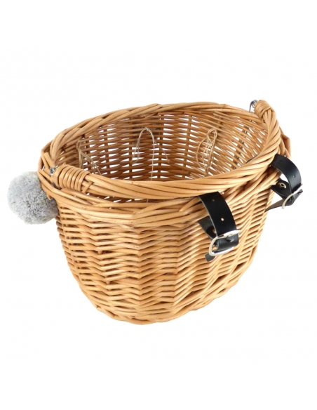 Naturalny wiklinowy koszyk na rower dziecięcy, z szarymi pomponami (mocowany na paski)