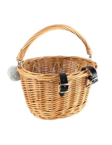 Naturalny wiklinowy koszyk na rower dziecięcy, z szarymi pomponami (mocowany na paski)