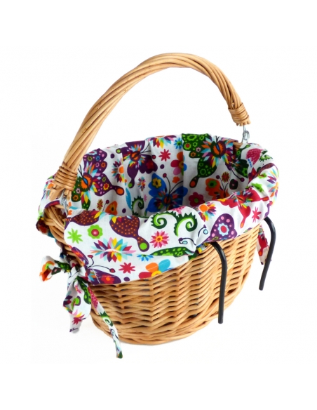 Naturalny wiklinowy koszyk na rower dziecięcy, z wyściółką w kolorowe motyle (mocowany na haki)