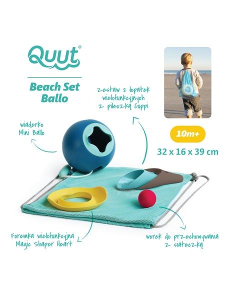 Zestaw plażowych zabawek w worku Quut Mini Ballo + Cuppi + Magic Shapers Heart