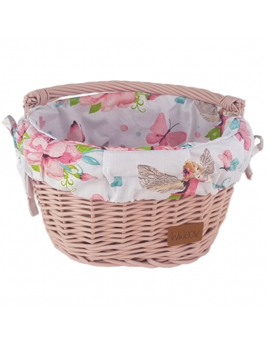 Różowy wiklinowy koszyk na rower dziecięcy, z wyściółką Calineczka (mocowany na haki)