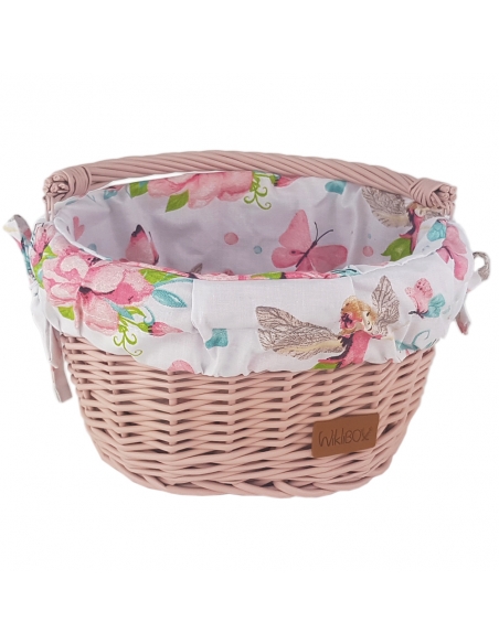 Różowy wiklinowy koszyk na rower dziecięcy, z wyściółką Calineczka (mocowany na haki)