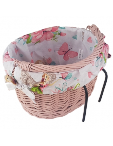 Różowy wiklinowy koszyk na rower dziecięcy, z wyściółką Calineczka (mocowany na haki)