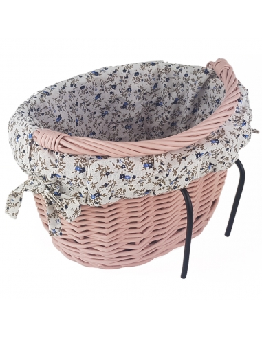 Różowy wiklinowy koszyk na rower dziecięcy, z wyściółką Łączka (mocowany na haki)