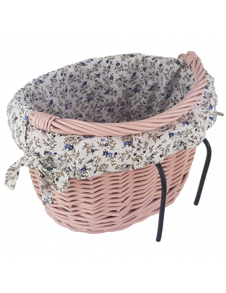 Różowy wiklinowy koszyk na rower dziecięcy, z wyściółką Łączka (mocowany na haki)