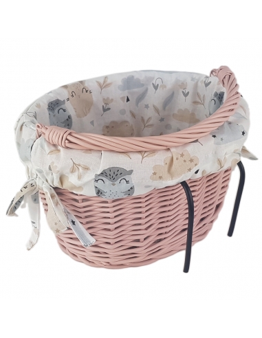Różowy wiklinowy koszyk na rower dziecięcy, z wyściółką Sowy (mocowany na haki)