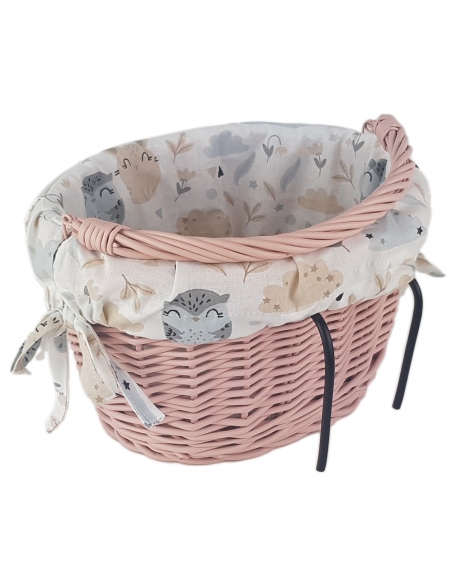 Różowy wiklinowy koszyk na rower dziecięcy, z wyściółką Sowy (mocowany na haki)
