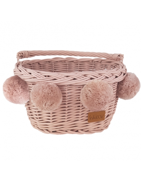 Różowy wiklinowy koszyk na rower dziecięcy, z różowymi pomponami (mocowany na haki)