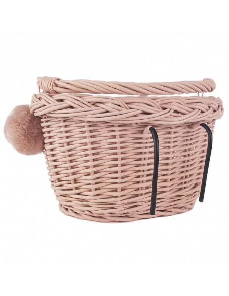 Różowy wiklinowy koszyk na rower dziecięcy, z różowymi pomponami (mocowany na haki)