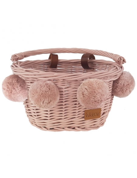 Różowy wiklinowy koszyk na rower dziecięcy, z różowymi pomponami (mocowany na paski)