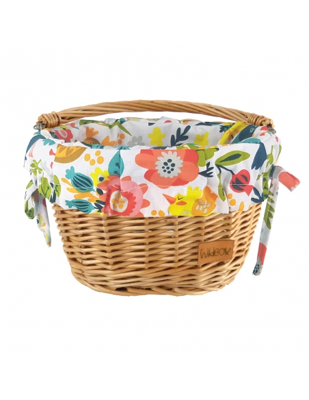 Naturalny wiklinowy koszyk na rower dziecięcy, z wyściółką "kolorowe kwiaty" (mocowany na haki)