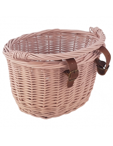 Różowy wiklinowy koszyk na rower dziecięcy, z różowymi i szarymi pomponami (mocowany na paski)