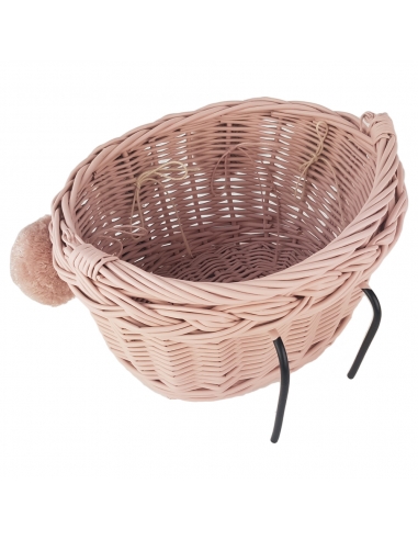 Różowy wiklinowy koszyk na rower dziecięcy, z różowymi i szarymi pomponami (mocowany na haki)