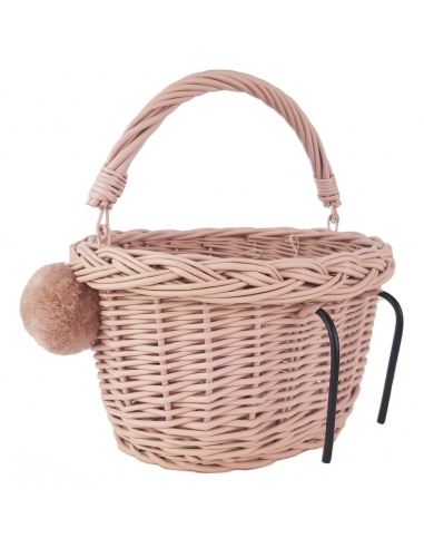 Różowy wiklinowy koszyk na rower dziecięcy, z różowymi i szarymi pomponami (mocowany na haki)