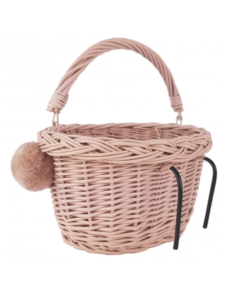Różowy wiklinowy koszyk na rower dziecięcy, z różowymi i szarymi pomponami (mocowany na haki)