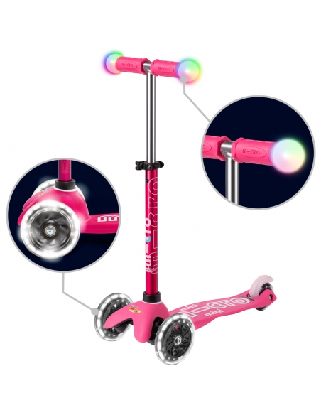 Trójkołowa hulajnoga Mini Micro Deluxe MAGIC LED Pink (świecące koła i uchwyty)