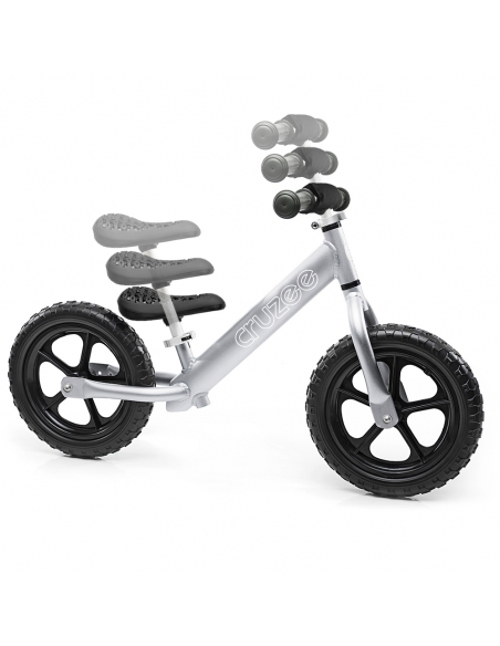 Rowerek biegowy Cruzee 12 SAFE srebrny czarne koła + pasek do noszenia GRATIS