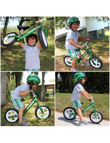 Rowerek biegowy Cruzee 12 SAFE zielony czarne koła + pasek do noszenia GRATIS