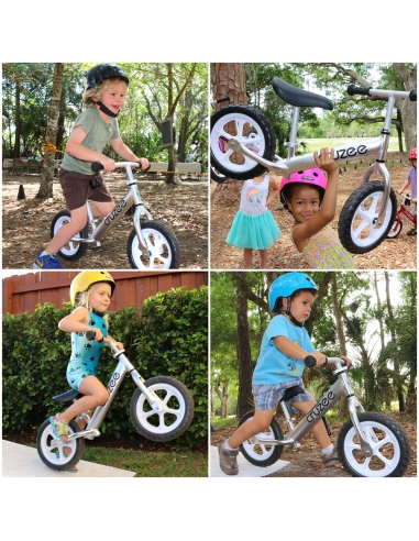 Rowerek biegowy Cruzee 12 SAFE srebrny czarne koła + pasek do noszenia GRATIS