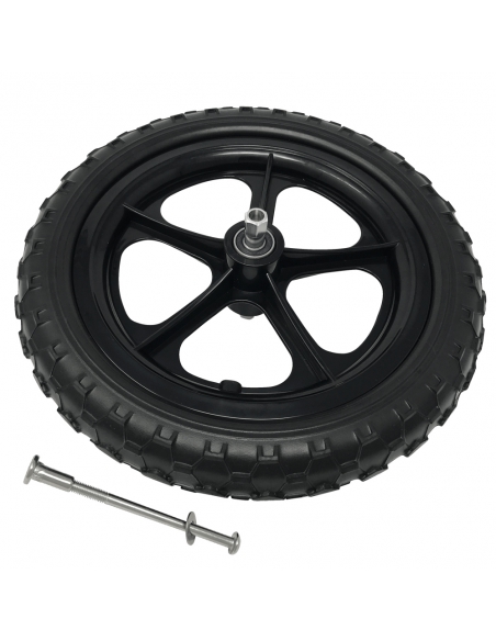 Czarne koło rowerka biegowego Cruzee (kompletne: koło, łożysko, oś, dystanse)