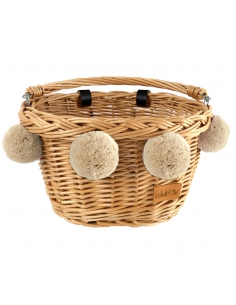 Naturalny wiklinowy koszyk na rower dziecięcy, z beżowymi pomponami (mocowany na paski)