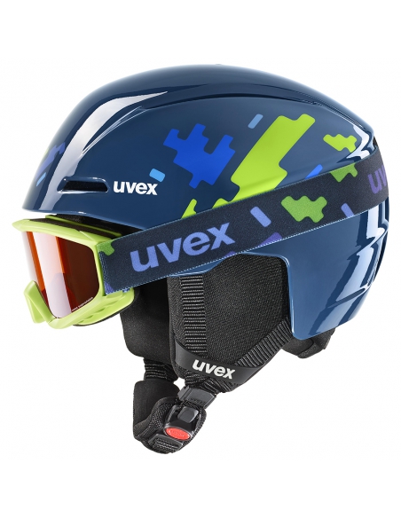 Zestaw: kask narciarski Uvex Viti Blue Puzzle + gogle narciarskie UVEX Speedy Pro Light-Green/Blue Puzzle
