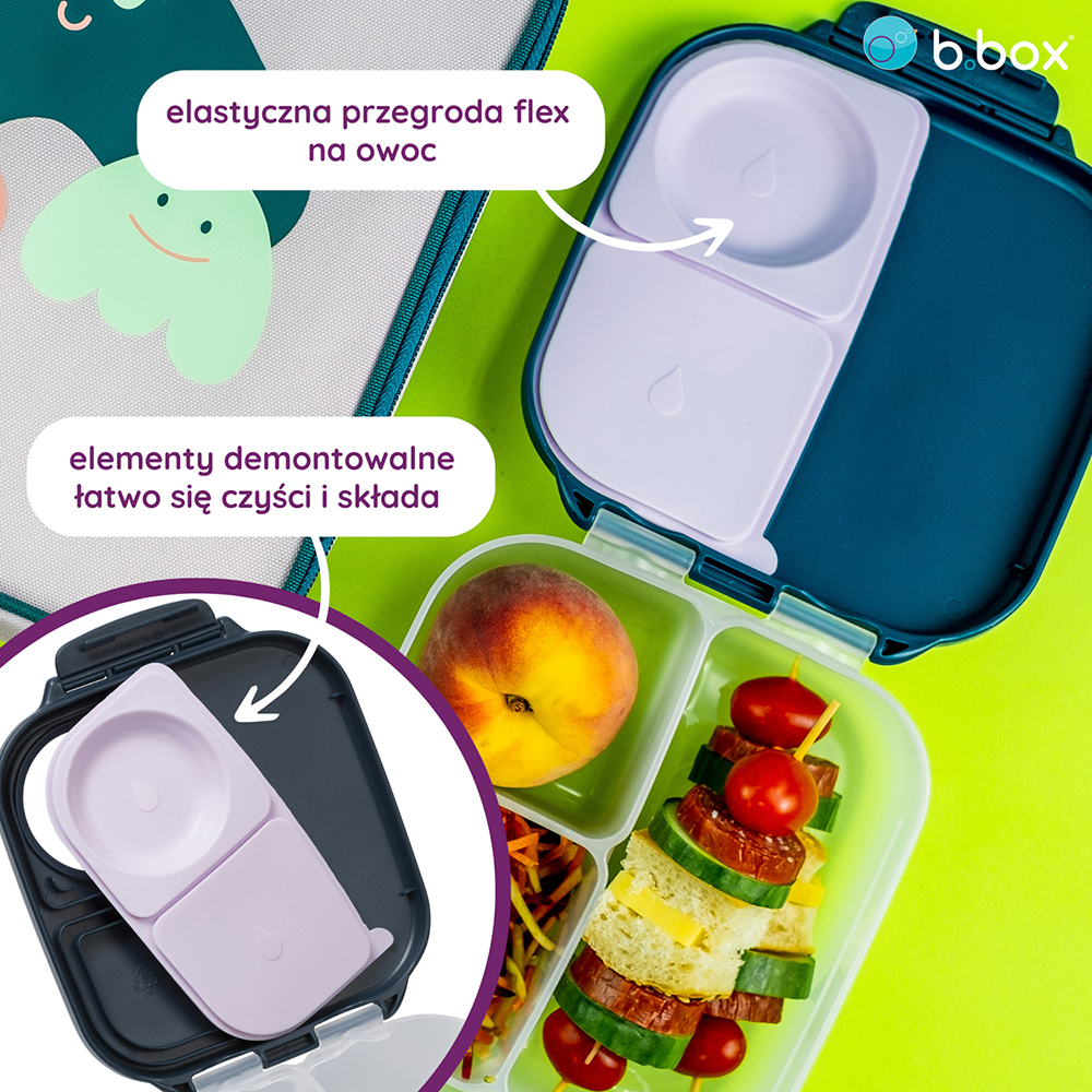 Lunchbox z uchwytem do przenoszenia, posiada kilka przegródek z możliwością regulacji. Szczelne przegródka umożliwia spakowanie półpłynnych przekąsek. Przegroda flex pozwala na zabranie dużego owocu np. jabłka.  Świetnie sprawdzi się jako lunchbox do szkoły, przedszkola czy na wycieczkę.