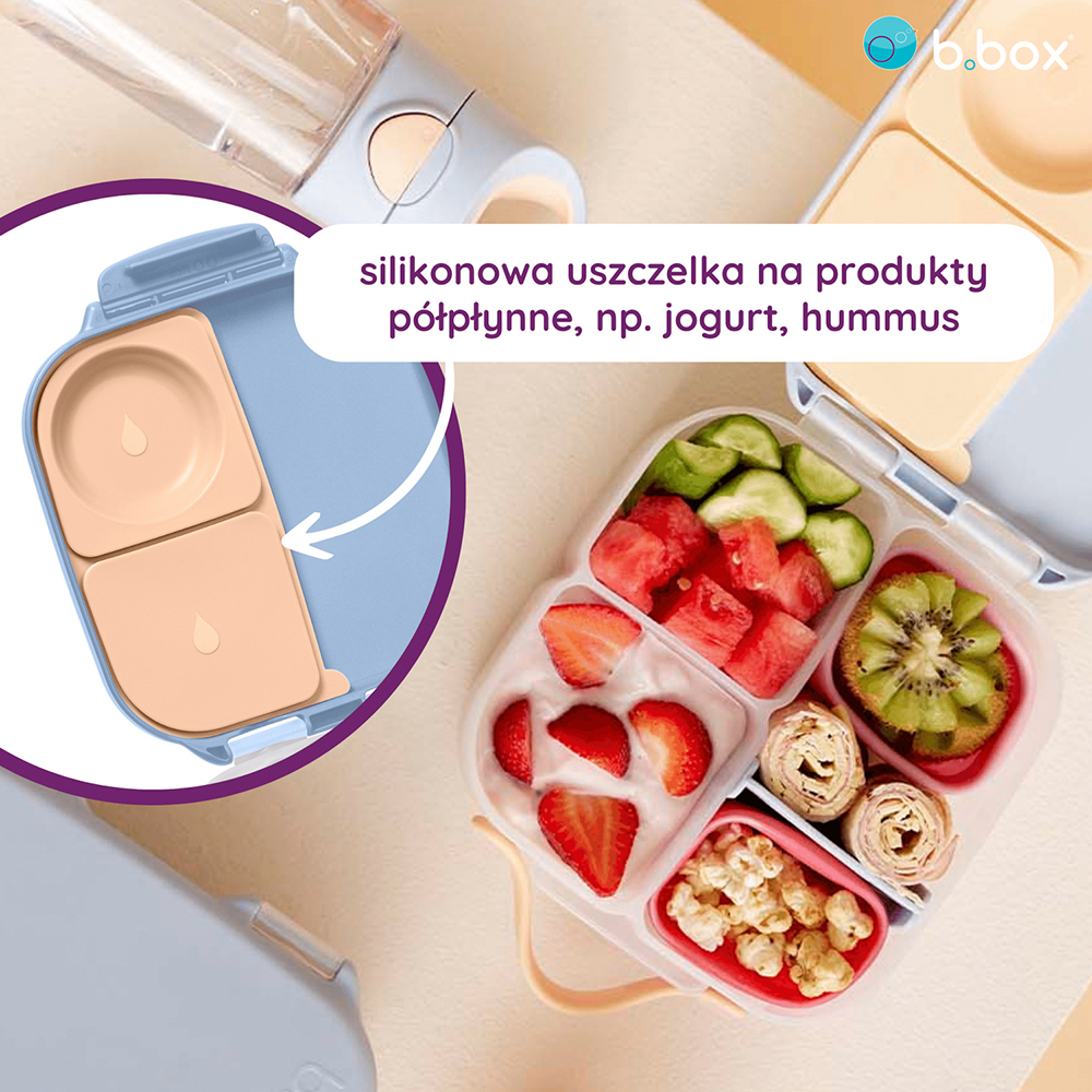 Jedna z przegródek lunchboxa posiada szczelną, silikonową uszczelkę umożliwiając zapakowanie półpłynnych posiłków jak jogurty, sosy czy dipy. Lunchbox nie nadaje się jednak do przechowywania płynnych posiłków. Uszczelka ta jest wyjmowana i można ją z łatwością dokładnie umyć utrzymując cały czas pojemnik świeżym. Inna z kolei dzięki elastycznej nakładce w pokrywce lunchboxa idealnie sprawdzi się na cały duży owoc jak np. jabłko.