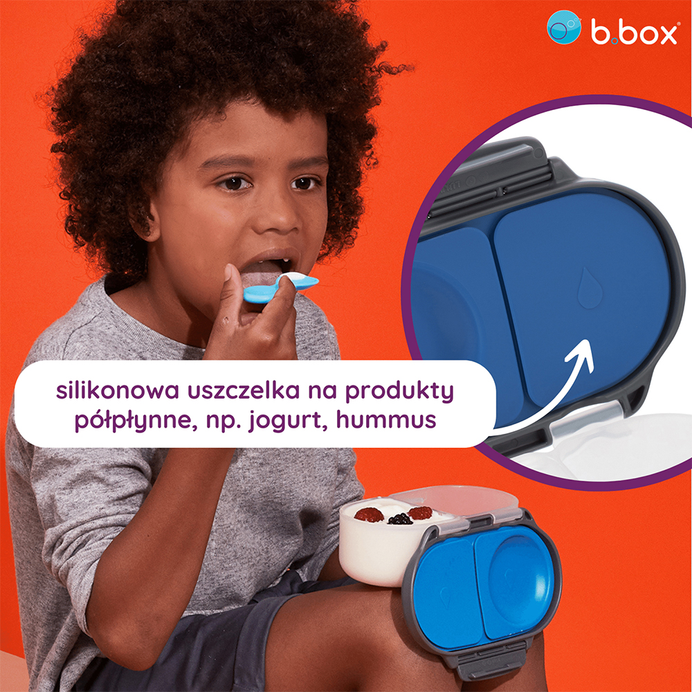 Snackbox marki b.box umożliwia wygodne spakowanie drobnych przekąsek. Idealnie sprawdzi się do przedszkola, szkoły czy do pracy – dla dzieci jak i dla dorosłych. Pojemnik posiada dwie komory, z których jedna jest nieco większa, druga mniejsza. Obie przegródki snackboxa posiadają szczelną, silikonową uszczelkę umożliwiając zapakowanie półpłynnych posiłków