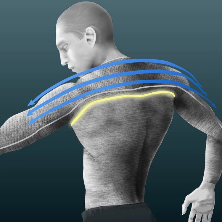 Technologia Hypermotion umożliwia pełną, naturalną swobodę ruchów rąk. Obszar ramion wraz z rękawami wycięty został z jednego, elastycznego fragmentu tkaniny bez pionowych szwów, aby w zminimalizować jakiekolwiek ograniczenia ruchów obręczy barkowej.